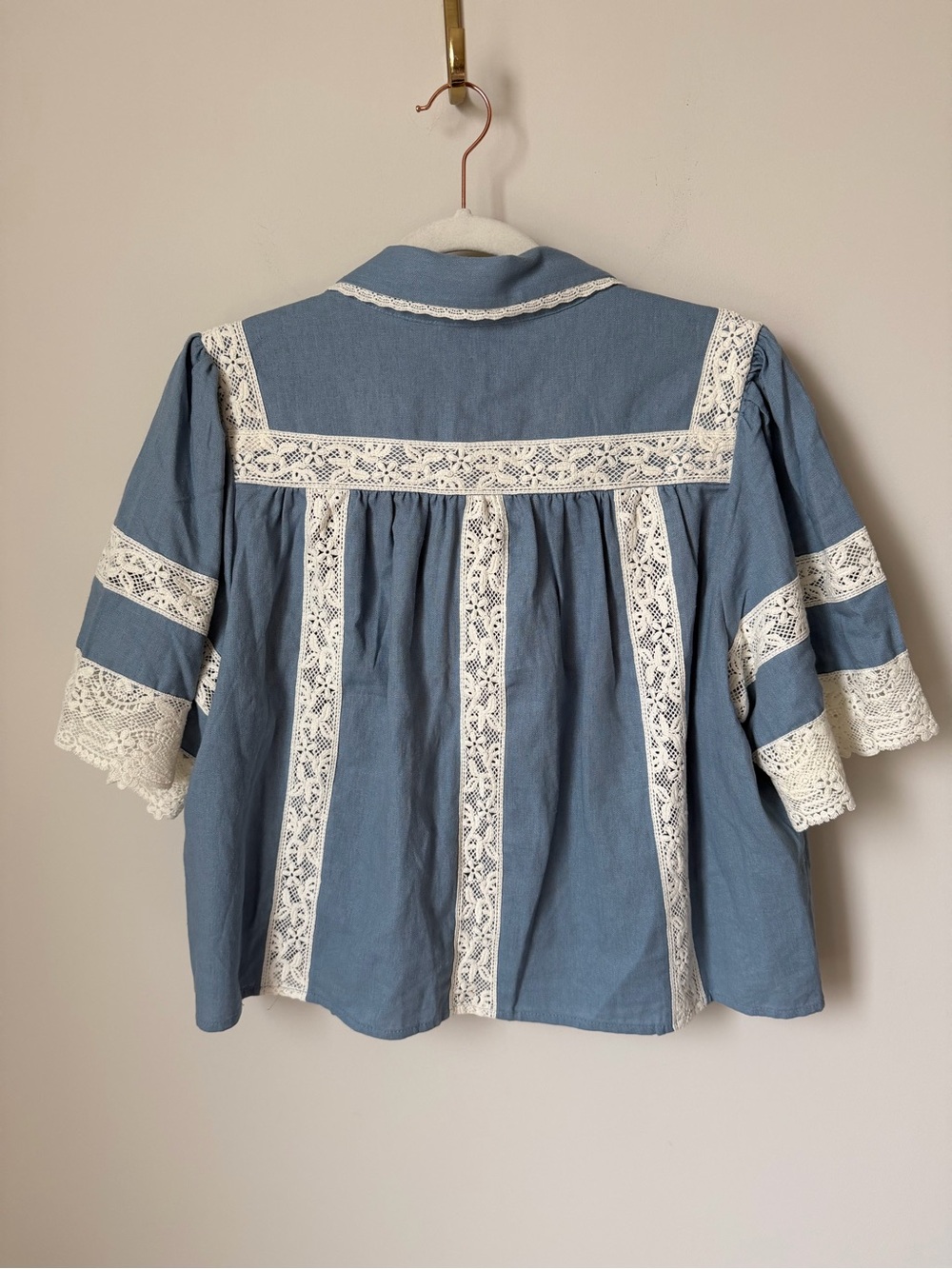 Blue short sleeve button up blouse with Cream Lace Trim - Picture 6 of 6